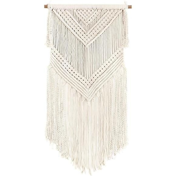 Boho Macrame Woven Wall Hanging Beige 16 in x 36 in Modern Bohemian Tapestry - Picture 1 of 6